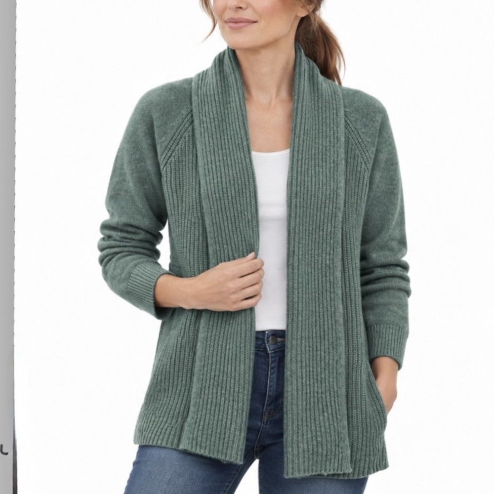 LL Bean Green Marled Shaker Stitch Cotton Open Cardigan Sweater Medium 290417